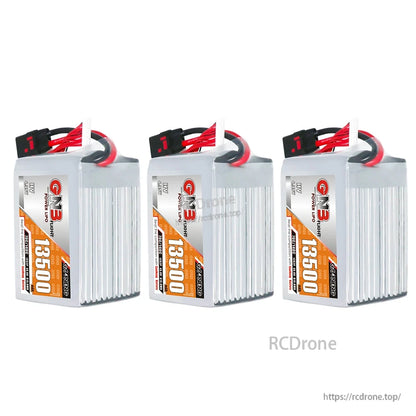 Three GAONENG GNB 13500mAh HV LiPo batteries lined up, each with QS8 connector