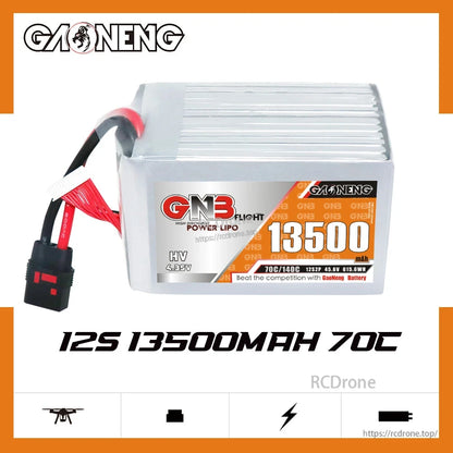 GNB 12S 13500mAh 70C HV LiPo battery side view on spec graphic, QS8 connector shown