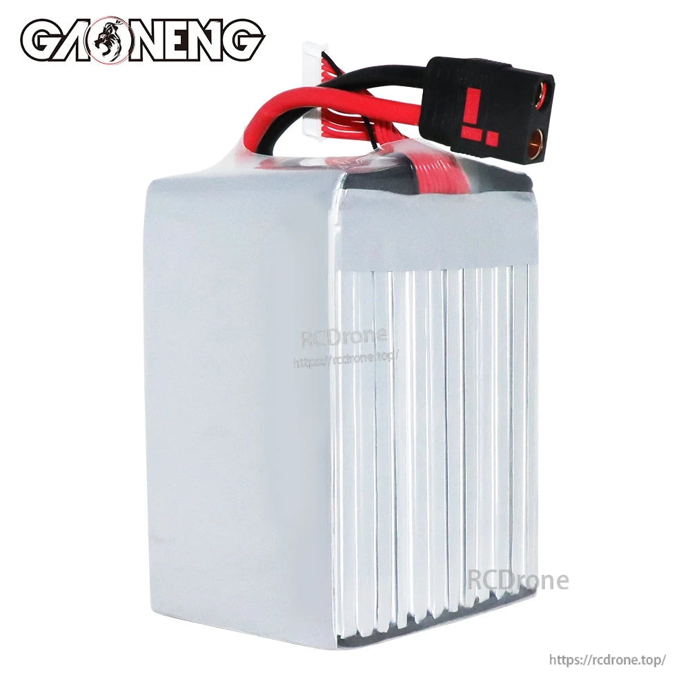 Plain side view of finned aluminum battery case with QS8 discharge connector on top