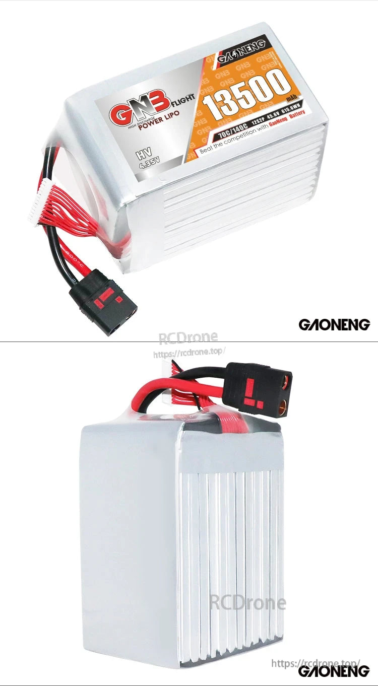 Two-angle collage showing top label view and side profile of the 13500mAh battery pack