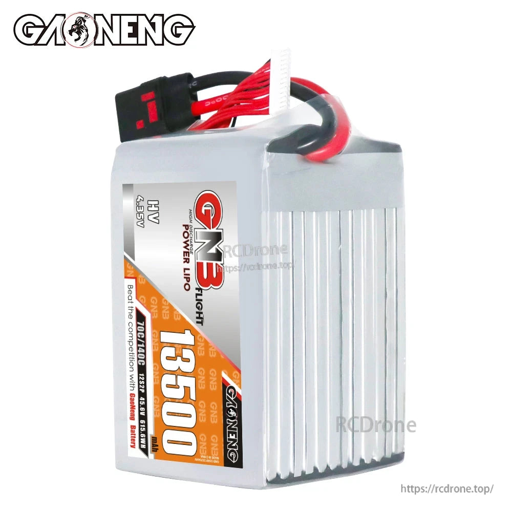 GAONENG GNB 13500mAh HV LiPo battery front label view with finned aluminum case