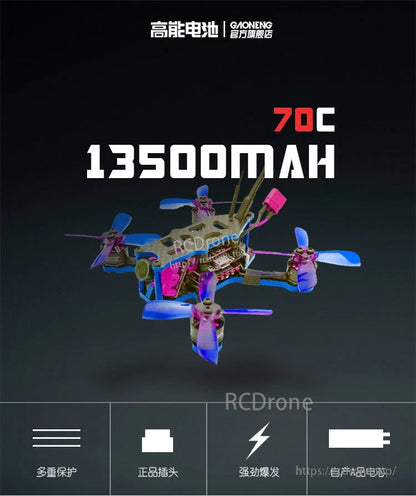 Application graphic showing FPV drone with 13500mAh 70C text on dark background