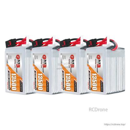 Four GAONENG GNB 13500mAh HV LiPo batteries grouped together with QS8 leads