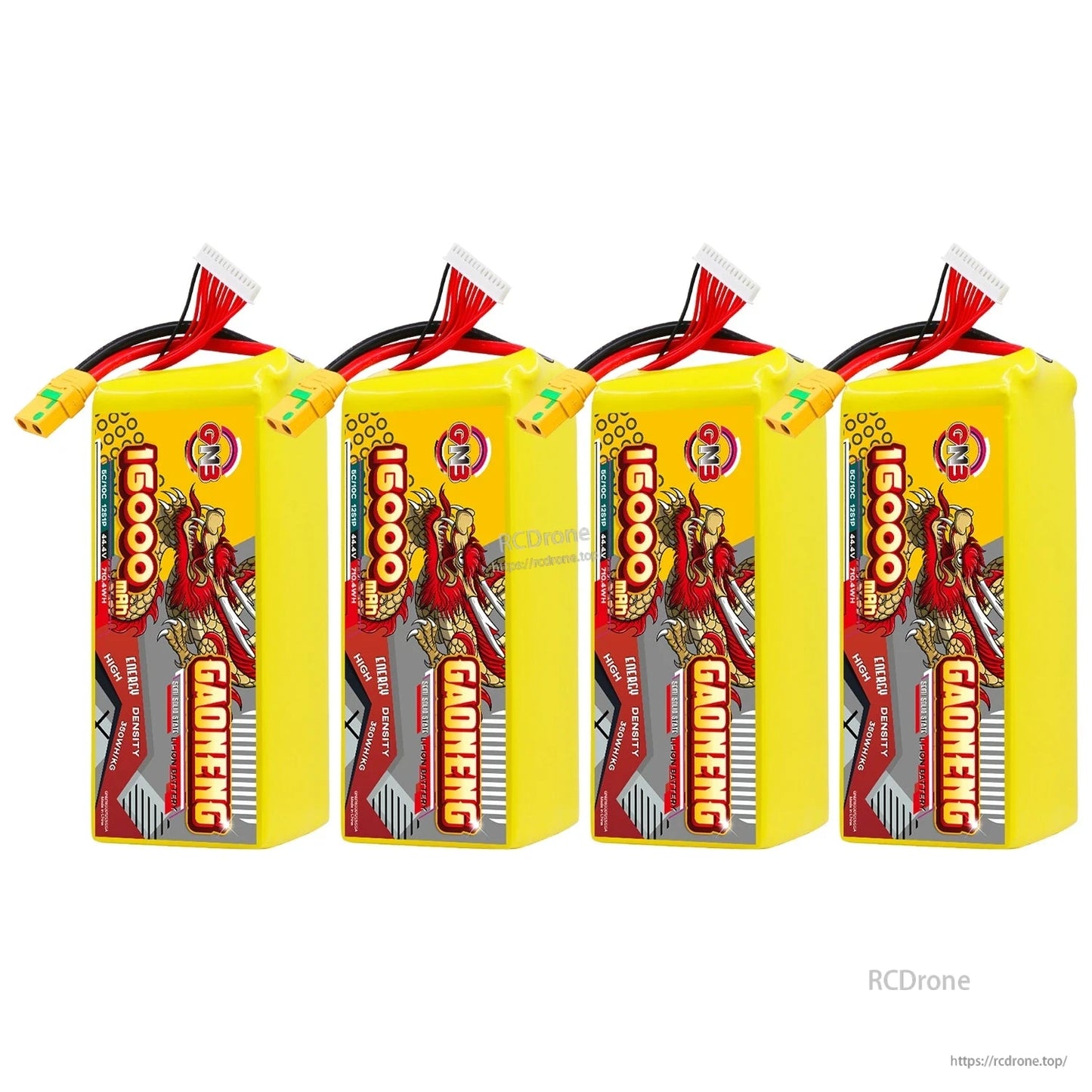Four GAONENG 16000mAh battery packs standing upright in a row with XT90S-F leads and balance connectors