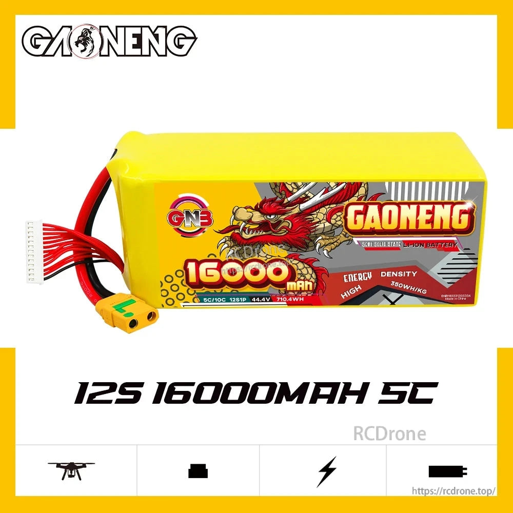 Side profile of GNB 12S 16000mAh 5C battery pack showing label and XT90S-F anti-spark plug