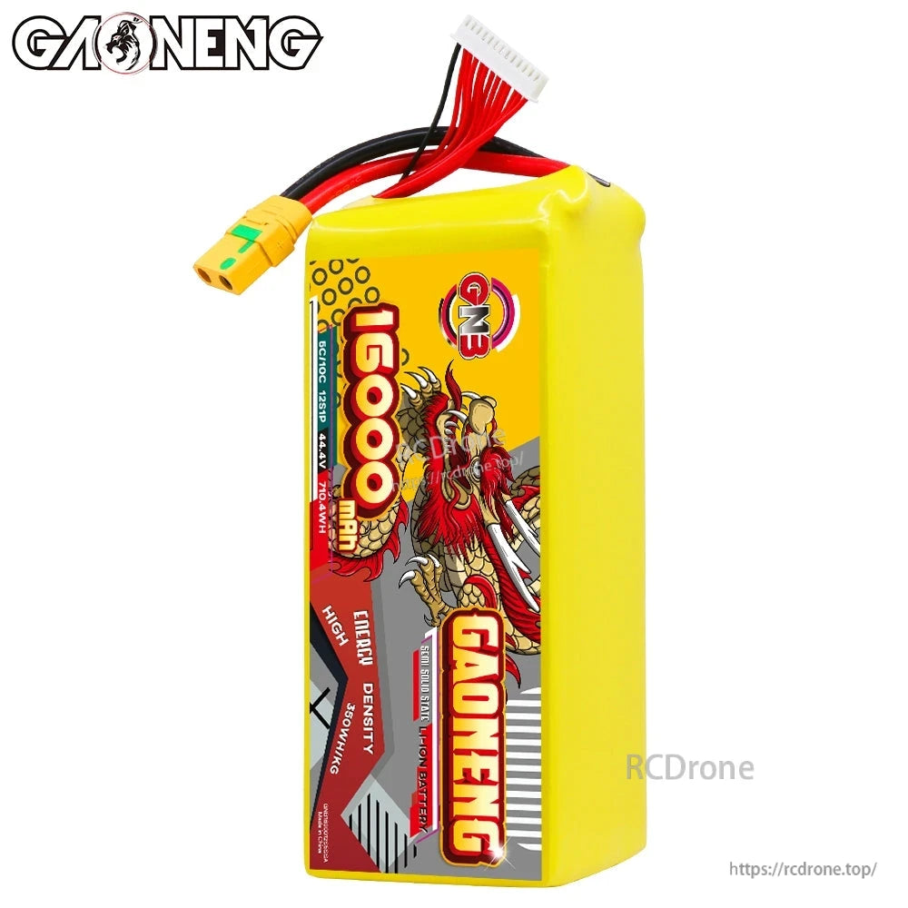 Upright view of yellow GAONENG 16000mAh battery pack with XT90S-F discharge lead and multi-wire balance plug