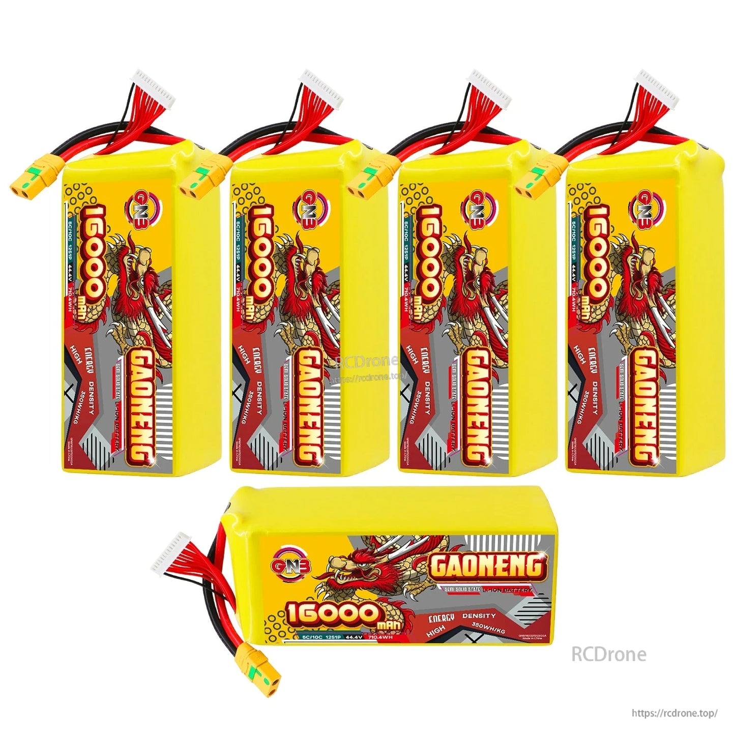 Bundle layout: four upright GAONENG 16000mAh packs plus one horizontal pack, showing XT90S-F connectors
