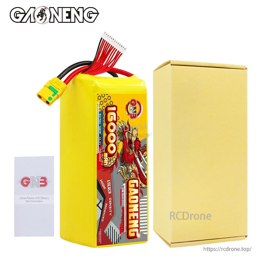 Package contents: GAONENG 16000mAh battery pack with box and small GNB instruction leaflet