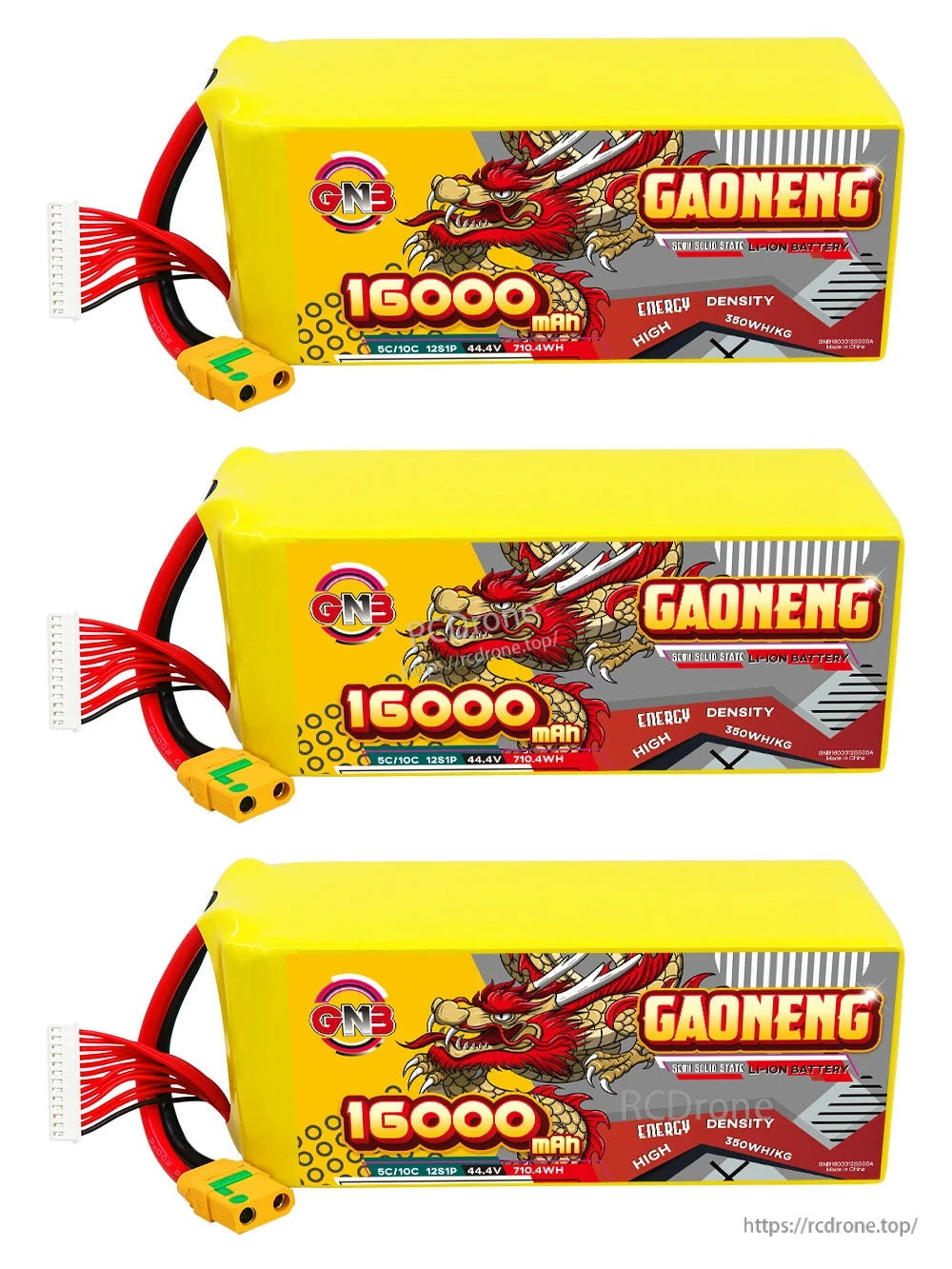 Three GAONENG 16000mAh battery packs shown horizontally, each with XT90S-F connector and balance lead