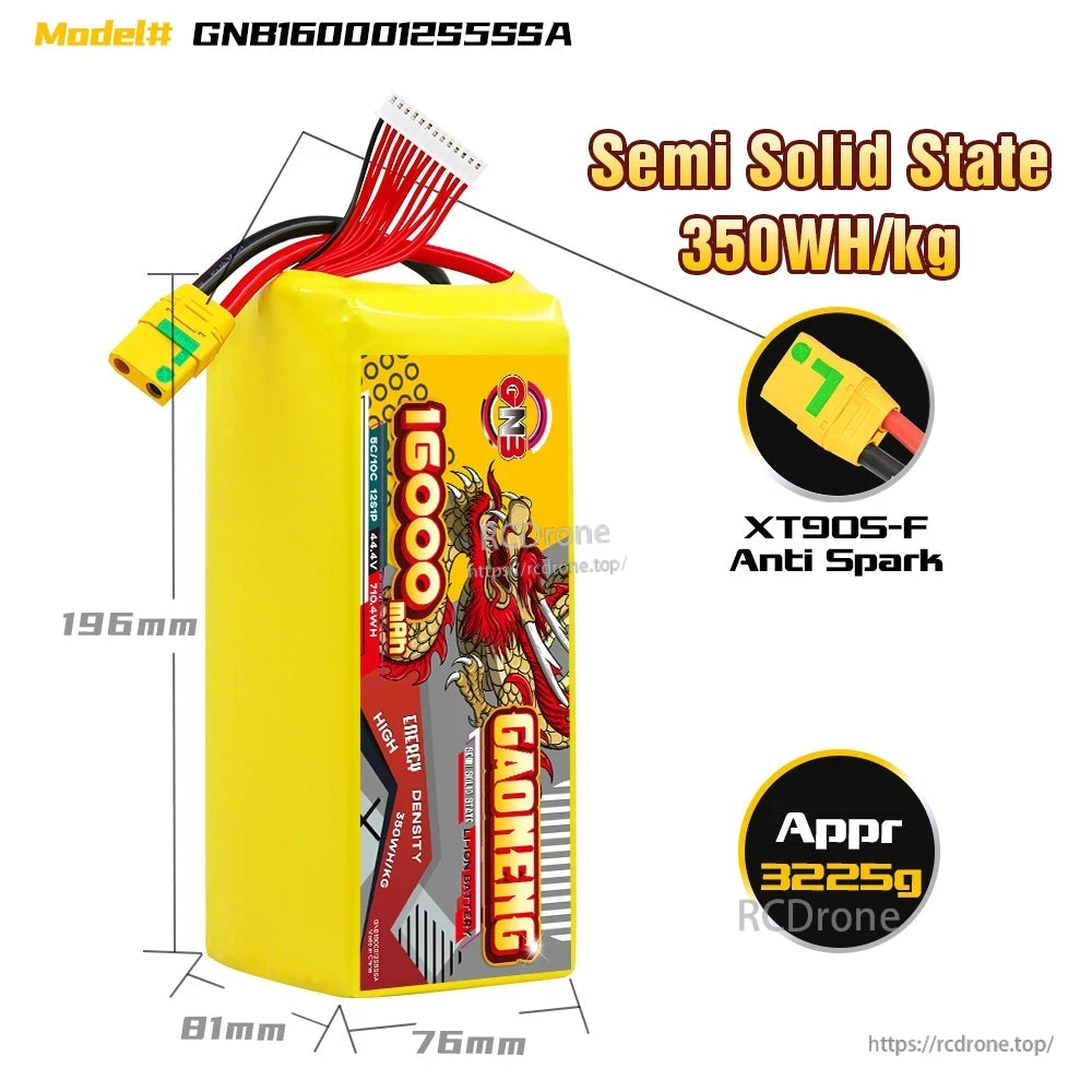Battery dimensions graphic: 196 x 81 x 76 mm, semi solid state 350Wh/kg, XT90S-F anti-spark, approx 3225g