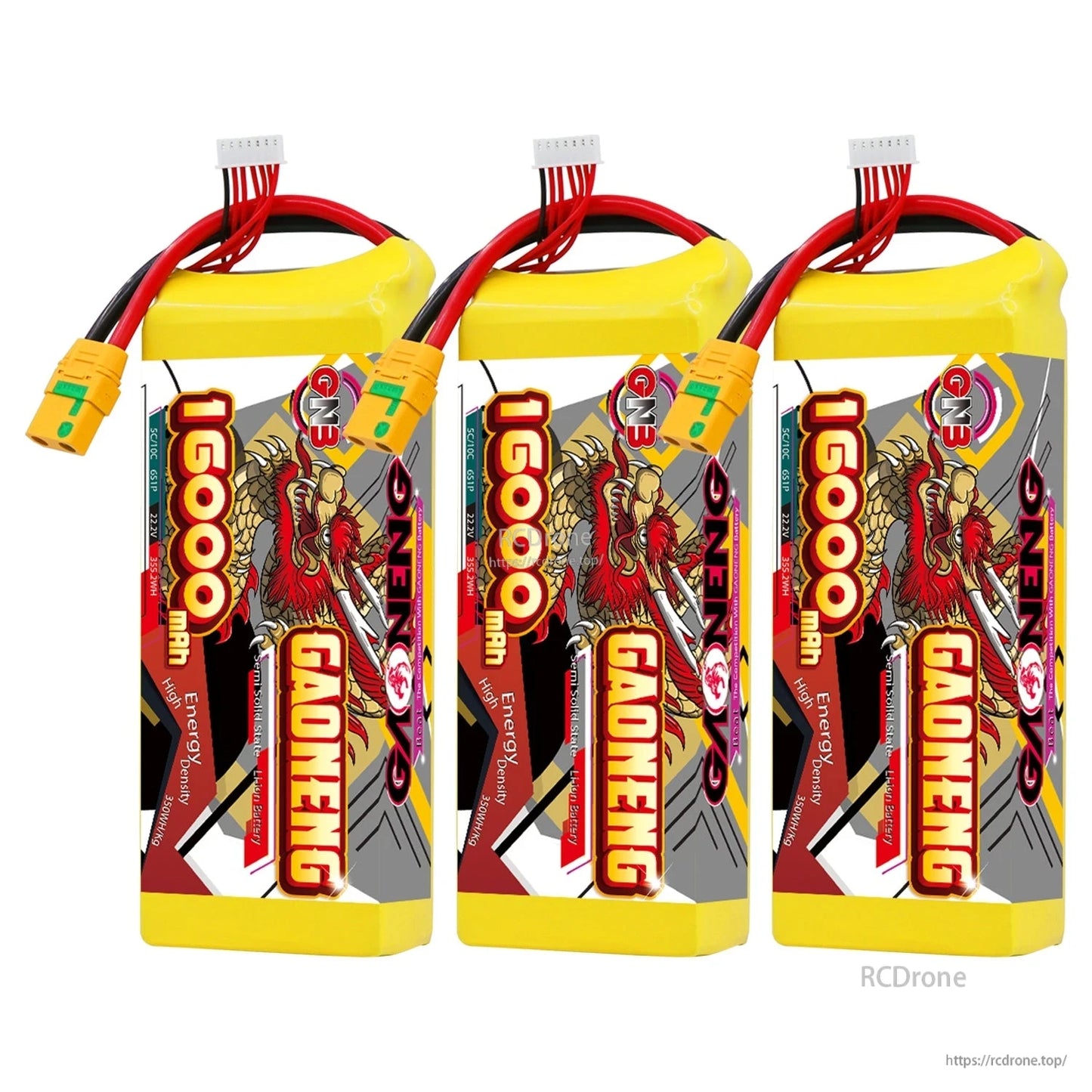 Three GAONENG GNB 16000mAh battery packs grouped together, upright front views
