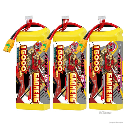 Three GAONENG GNB 16000mAh battery packs grouped together, upright front views