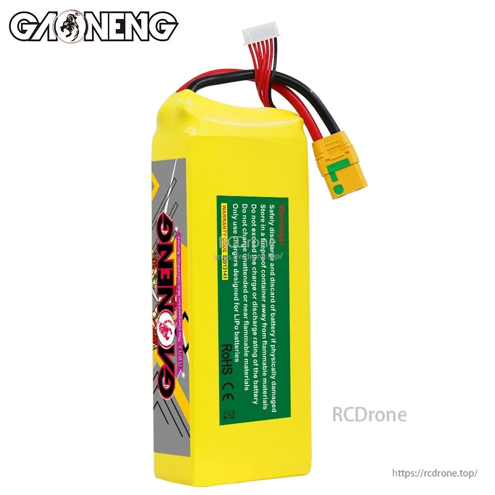 Rear side of GAONENG 6S battery showing green safety label and wiring leads