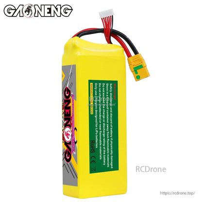 Rear side of GAONENG 6S battery showing green safety label and wiring leads