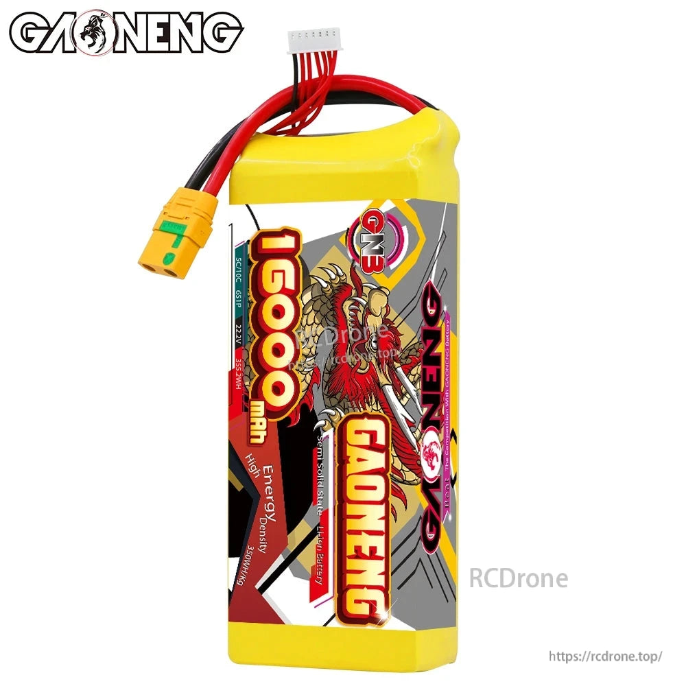 Front vertical view of GAONENG GNB 16000mAh pack showing wrap design and connector leads
