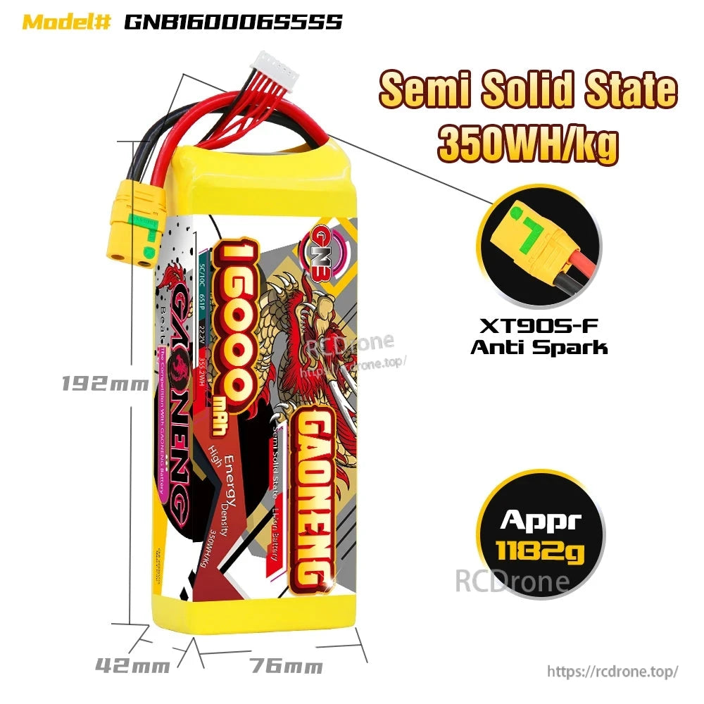 GAONENG GNB16000 6S battery size diagram with dimensions, XT90S-F anti-spark plug and weight