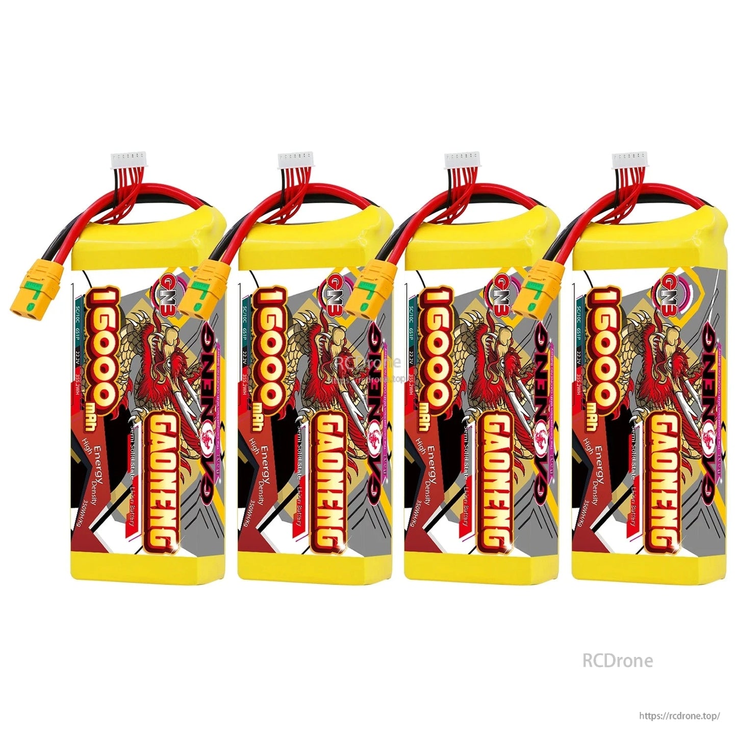 Four GAONENG GNB 16000mAh battery packs lined up, showing front artwork and leads