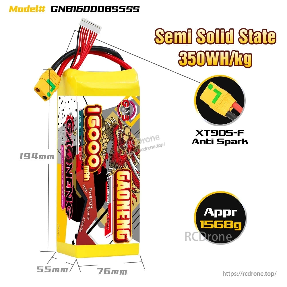 GAONENG GNB16000 8S battery dimensions diagram with XT90S-F anti-spark connector callout
