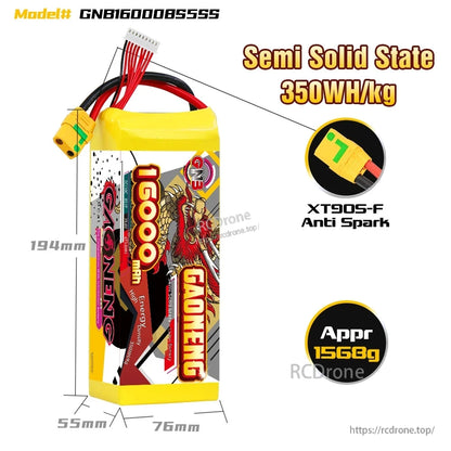GAONENG GNB16000 8S battery dimensions diagram with XT90S-F anti-spark connector callout