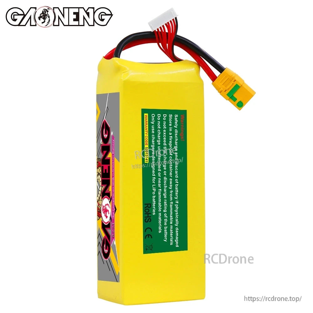 Rear view of GAONENG 16000mAh battery showing green safety label and wiring exit at top