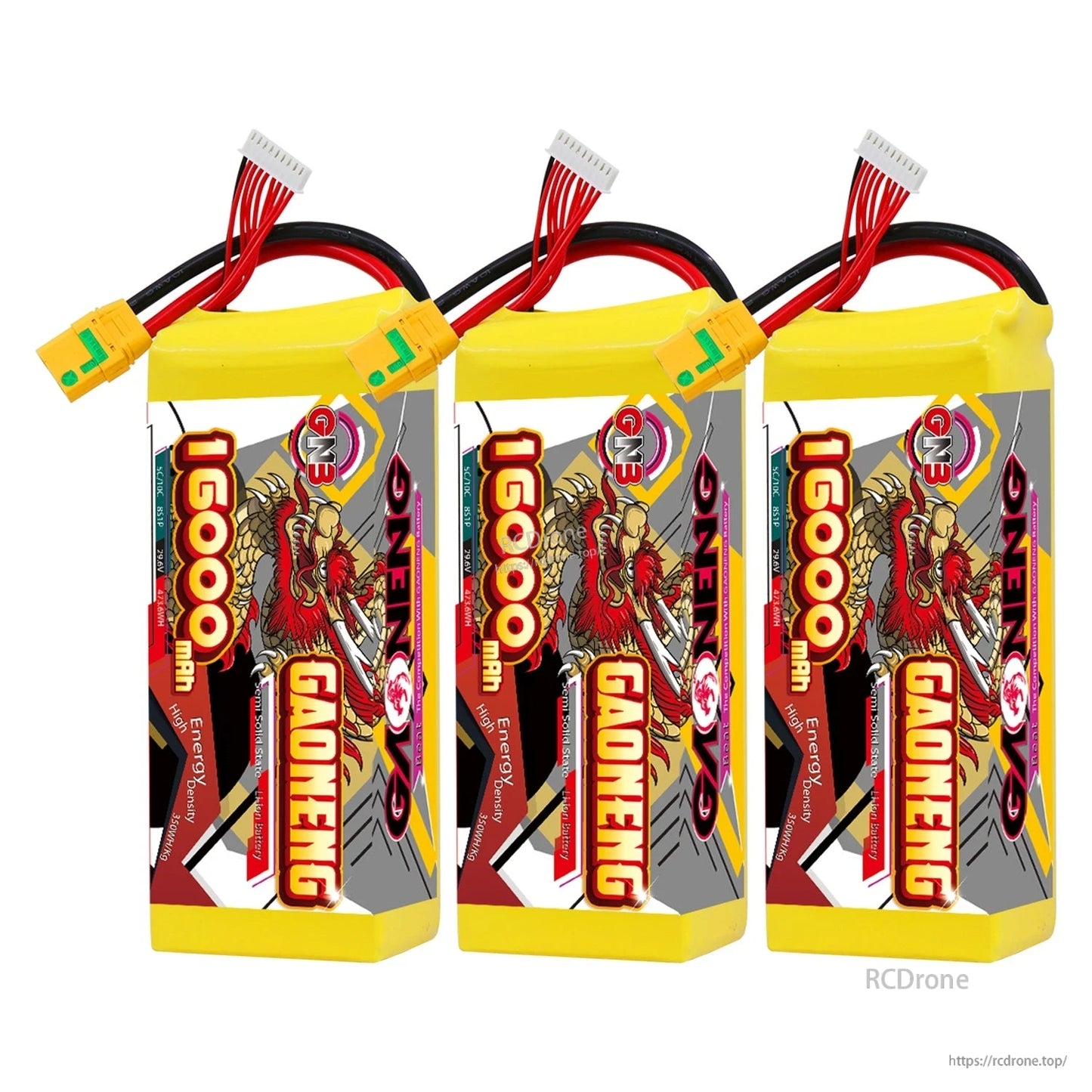 Three GAONENG 16000mAh battery packs lined up, each with XT90S connector and balance lead