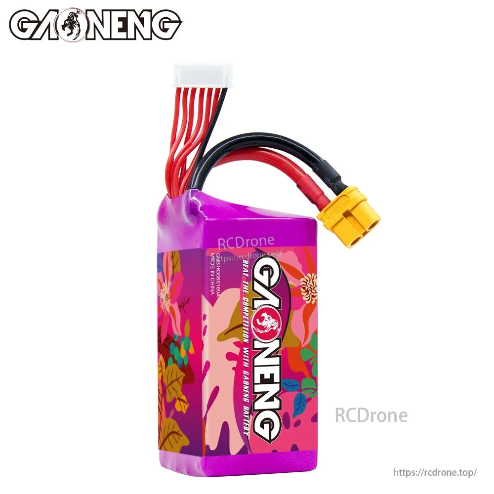 Rear/side view of GAONENG battery showing GAONENG logo wrap and XT60 lead routing