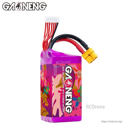 Rear/side view of GAONENG battery showing GAONENG logo wrap and XT60 lead routing