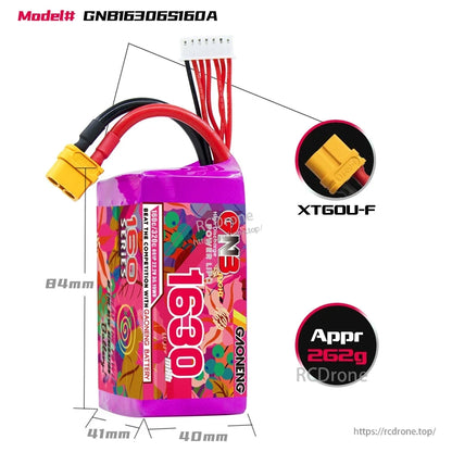 Battery dimensions and weight diagram for GNB16306S160A with XT60U-F connector close-up