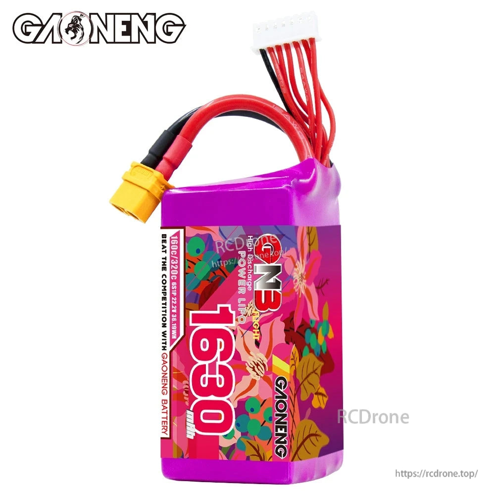 Front label view of GAONENG GNB 1630 pack with XT60 power lead and balance connector
