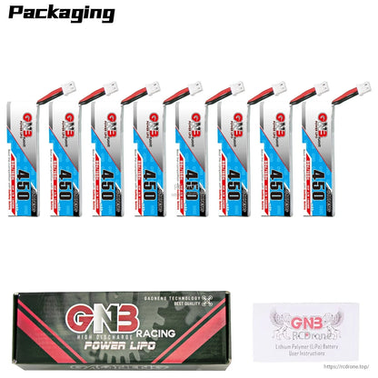 Packaging contents shown: eight GNB 450 long-type LiPo batteries with GNB Racing Power LiPo box and manual