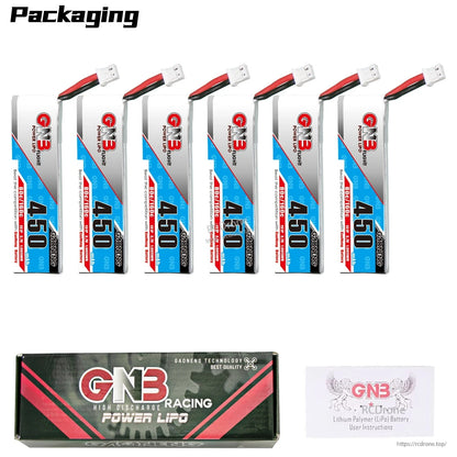 Packaging contents shown: six GNB 450 long-type LiPo batteries with GNB Racing Power LiPo box and manual