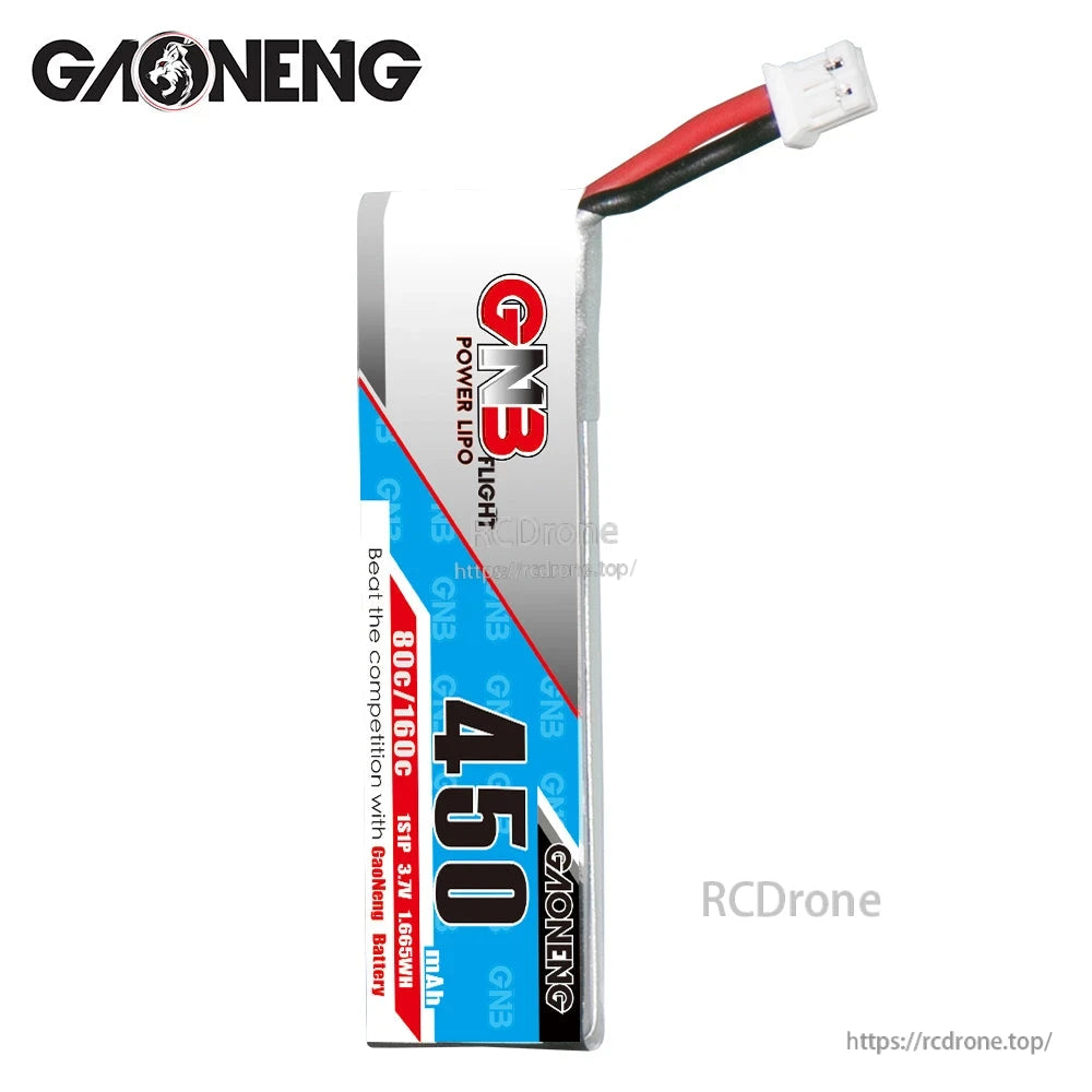 Front face close-up of GNB 450 long-type LiPo battery with branding, red/black lead and connector