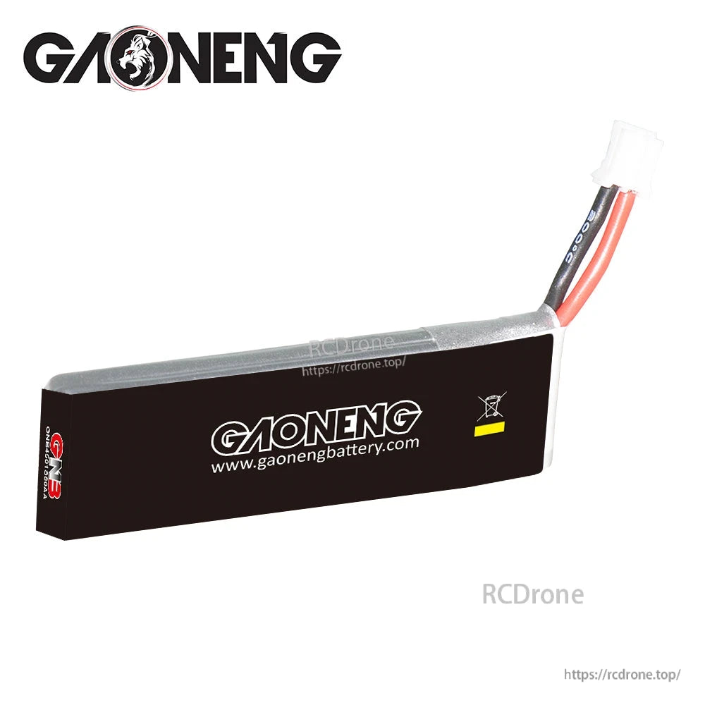 Rear view of GNB long-type LiPo battery showing black back label panel and wire exit