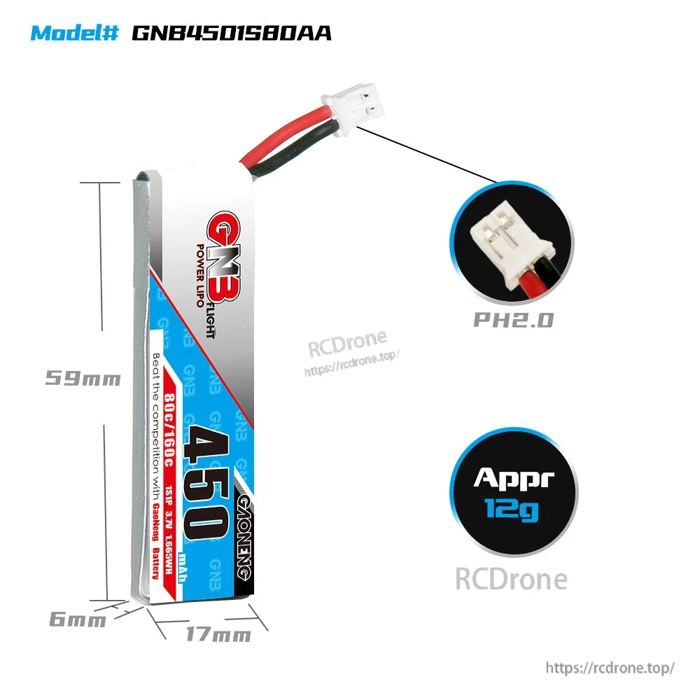 GAONENG GNB 1S 3.7V 450mAh 80C LiPo battery dimensions diagram, PH2.0 connector and ~12g weight