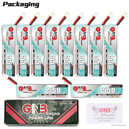 Packaging layout with 8 batteries standing and 2 batteries laid flat, plus GNB box and instructions card