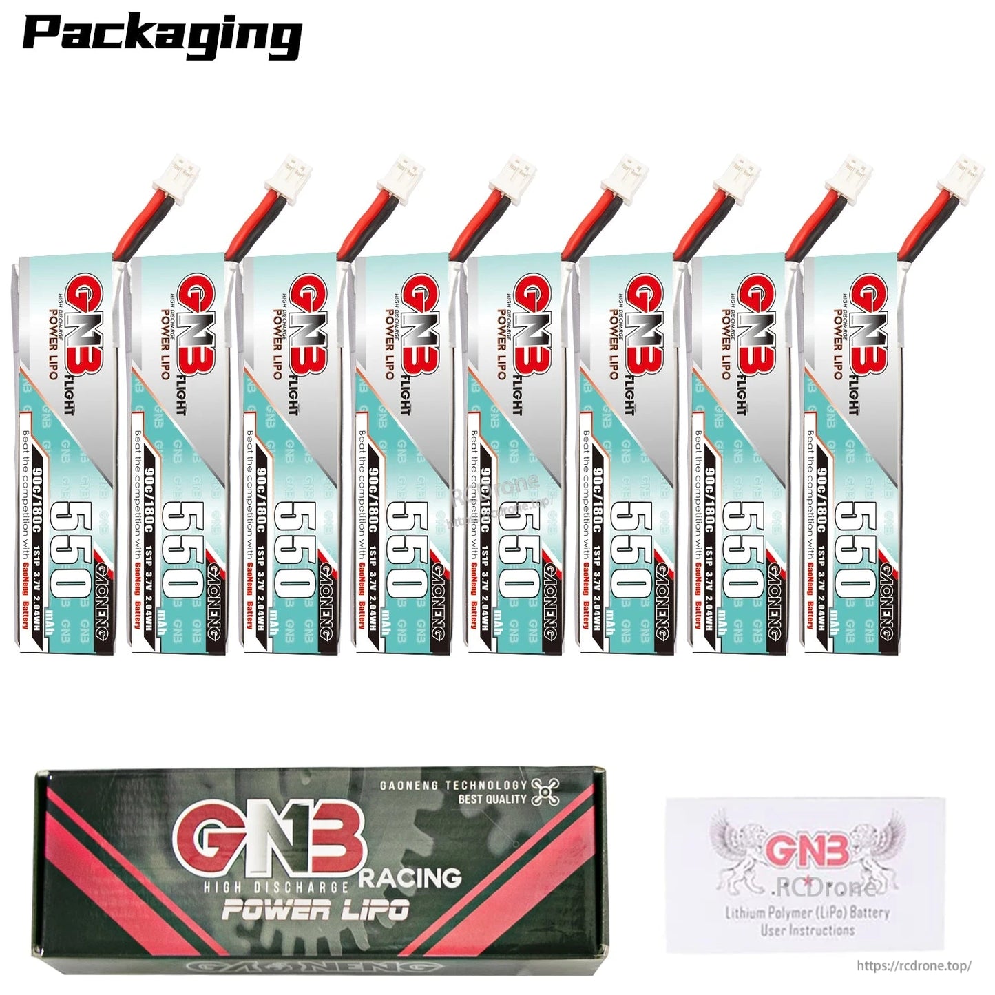 Packaging contents shown: 8× GNB 550mAh 1S batteries plus retail box and user instructions card