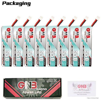Packaging contents shown: 8× GNB 550mAh 1S batteries plus retail box and user instructions card