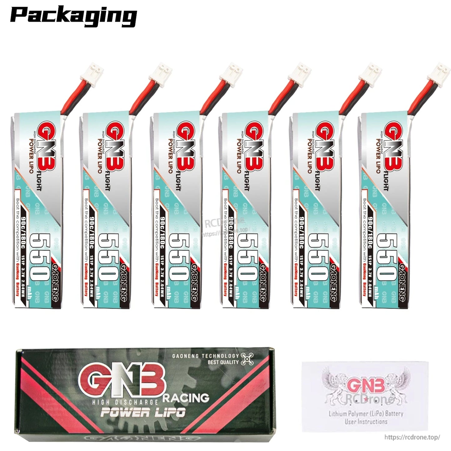 Packaging contents shown: 6× GNB 550mAh 1S batteries plus retail box and user instructions card