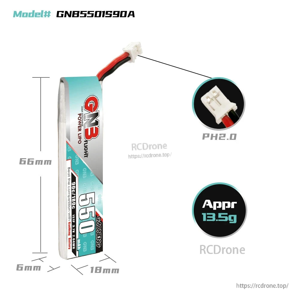 Dimensions and connector detail: 66×18×6mm, PH2.0 plug, approx. 13.5g (Model GNB5501S90A)