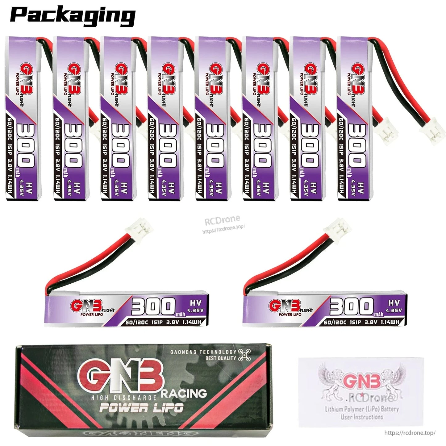 Packaging set with eight upright and two horizontal GNB 300mAh 1S LiHV batteries, box, and leaflet