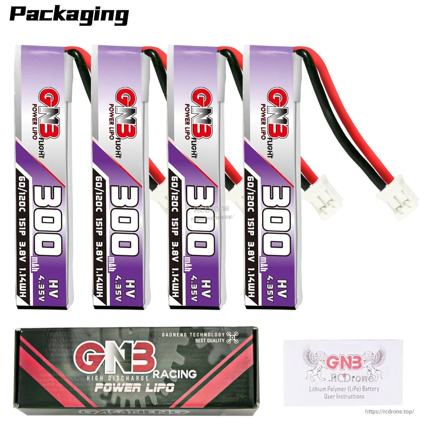 Packaging contents: four GNB 300mAh 1S LiHV batteries with GN3 Racing Power LiPo box and leaflet