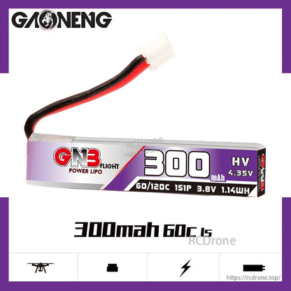 GAONENG GNB 1S 3.8V 300mAh 60C LiHV LiPo Battery label shows HV 4.35V and 60/120C rating