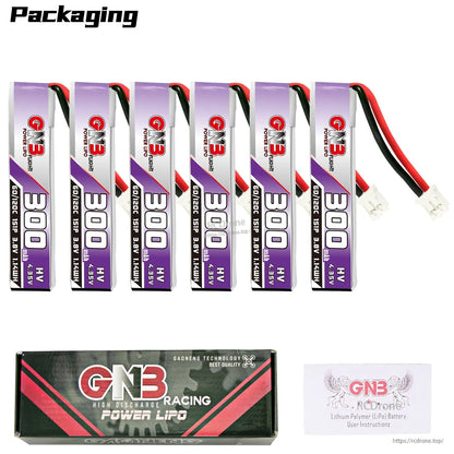 Packaging display with six GNB 300mAh 1S LiHV batteries, GN3 Racing Power LiPo box, and leaflet