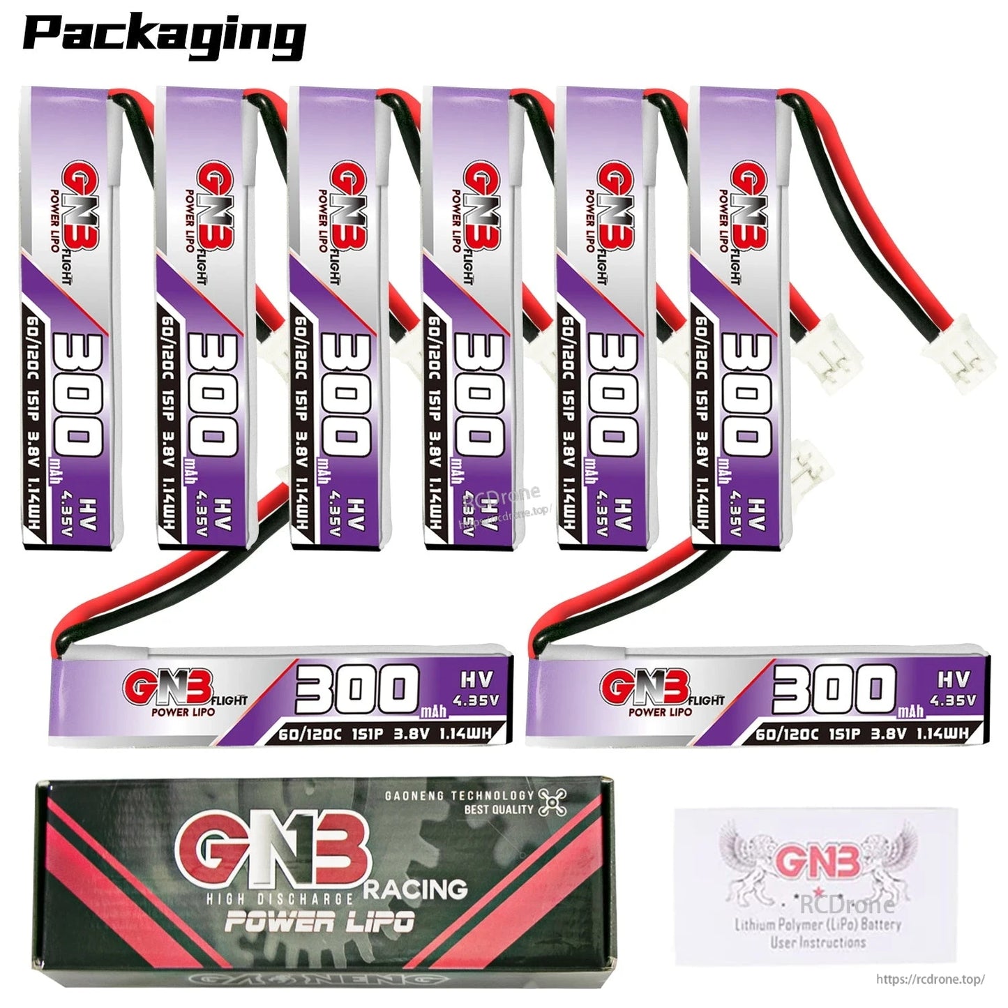 Packaging set with six upright and two horizontal GNB 300mAh 1S LiHV batteries plus GN3 box