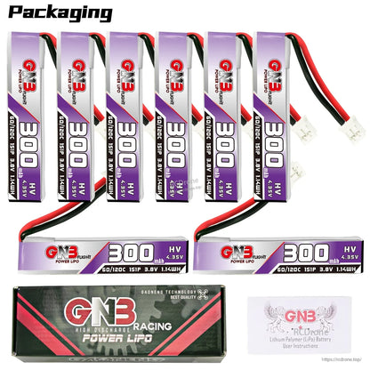 Packaging set with six upright and two horizontal GNB 300mAh 1S LiHV batteries plus GN3 box