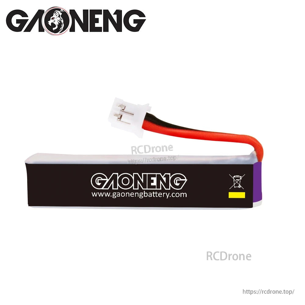 Back side of GAONENG 300mAh 1S LiHV battery showing black wrap, lead wires, and PH2.0 plug