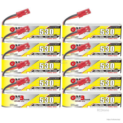Ten-pack display of GNB 530mAh 1S LiHV batteries arranged in two columns