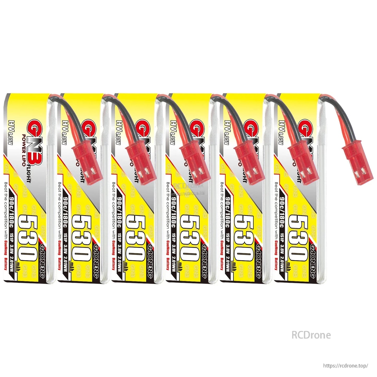 Five-pack lineup of GNB 530mAh 1S LiHV batteries with red JST connectors facing forward