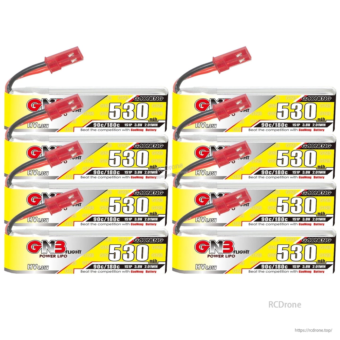 Eight-pack display of GNB 530mAh 1S LiHV batteries arranged in two columns