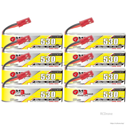 Eight-pack display of GNB 530mAh 1S LiHV batteries arranged in two columns